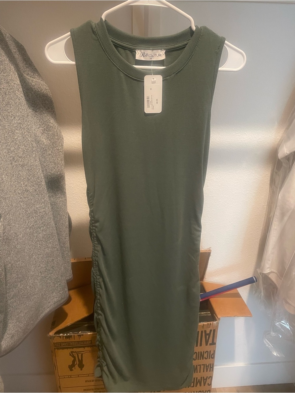 Sleeveless Olive Midi Dress with Side Ruched Detail